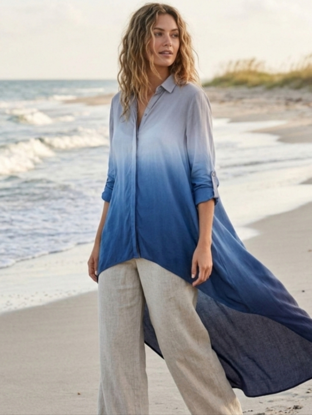 YFB Tie Dye  Hi-Low Button Up Top Flowy Beachy Pool Cruise Coastal Cover-Up